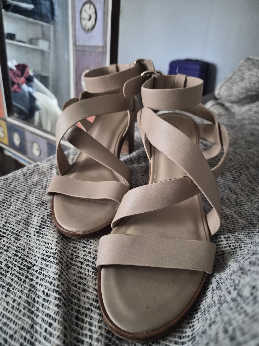 Joie Beige Strappy Ankle-Heel Sandals